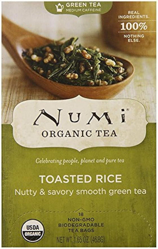 Numi Organic Tea Matcha Toasted Rice, 18 Count Box of Tea Bags (Pack of 6), Green Tea (Packaging May Vary)