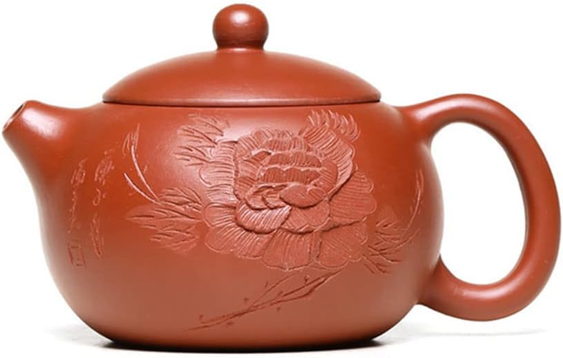 Genuine Yixing Purple Clay Carved Peony Xi Shi Teapot, Handmade Red Clay Zhu Ni Zisha Teapot, 220 ml (7.5 oz), Made By Master Wang Guo Wang (王国望)