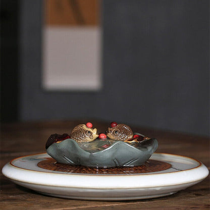4.33" Color Change Tea Pet Home Decoration Resin Golden Fish Zisha Lotus Leaf