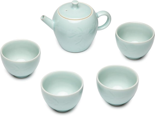 SILINE Chinese Celadon Teapot Set,Green Porcelain Tea Pot 7.5 Oz with 4 Kongfu Tea Cups -Di Kiln,Pink Cyan