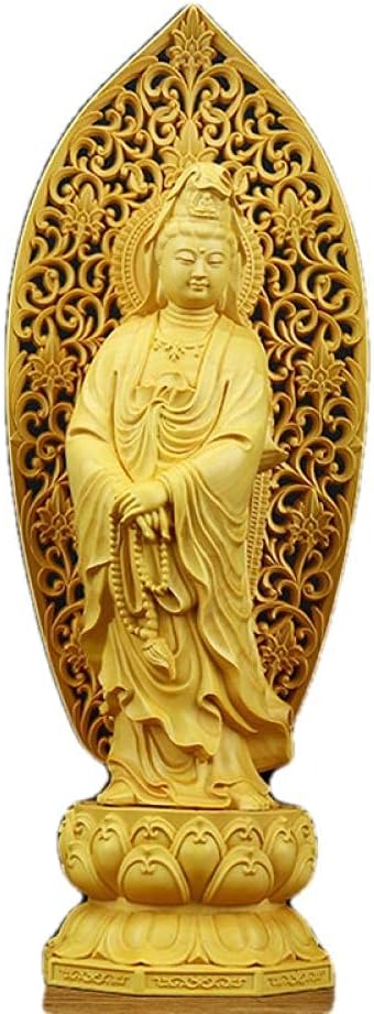 YQLKD Statue Decor Solid Wood Lotus Statue of Guanyin ，Wooden Hand-Carved Buddha Statue