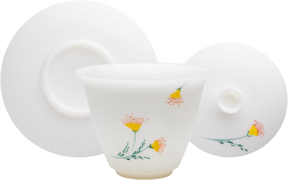 SILINE Ice Jade White Porcelain Gaiwan Set,Thin/Unglazed/Translucent/Hand-Painted China Gongfu Tea Cup Set -ChuJu