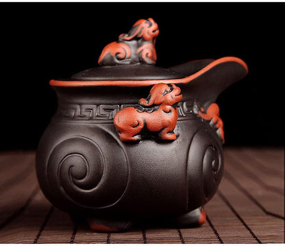 Handmade Ceramic Teapot Set, Chinese Pixiu Teapot and Teacup Set, Zisha Kung Fu Porcelain Teapot, Purple Clay Tea Sets (black)