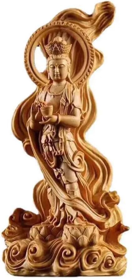 YTDJJWLS 16cm Guanyin Statue Chinese Buddha Natural Solid Wood Carving Home Living Room Decoration Statue