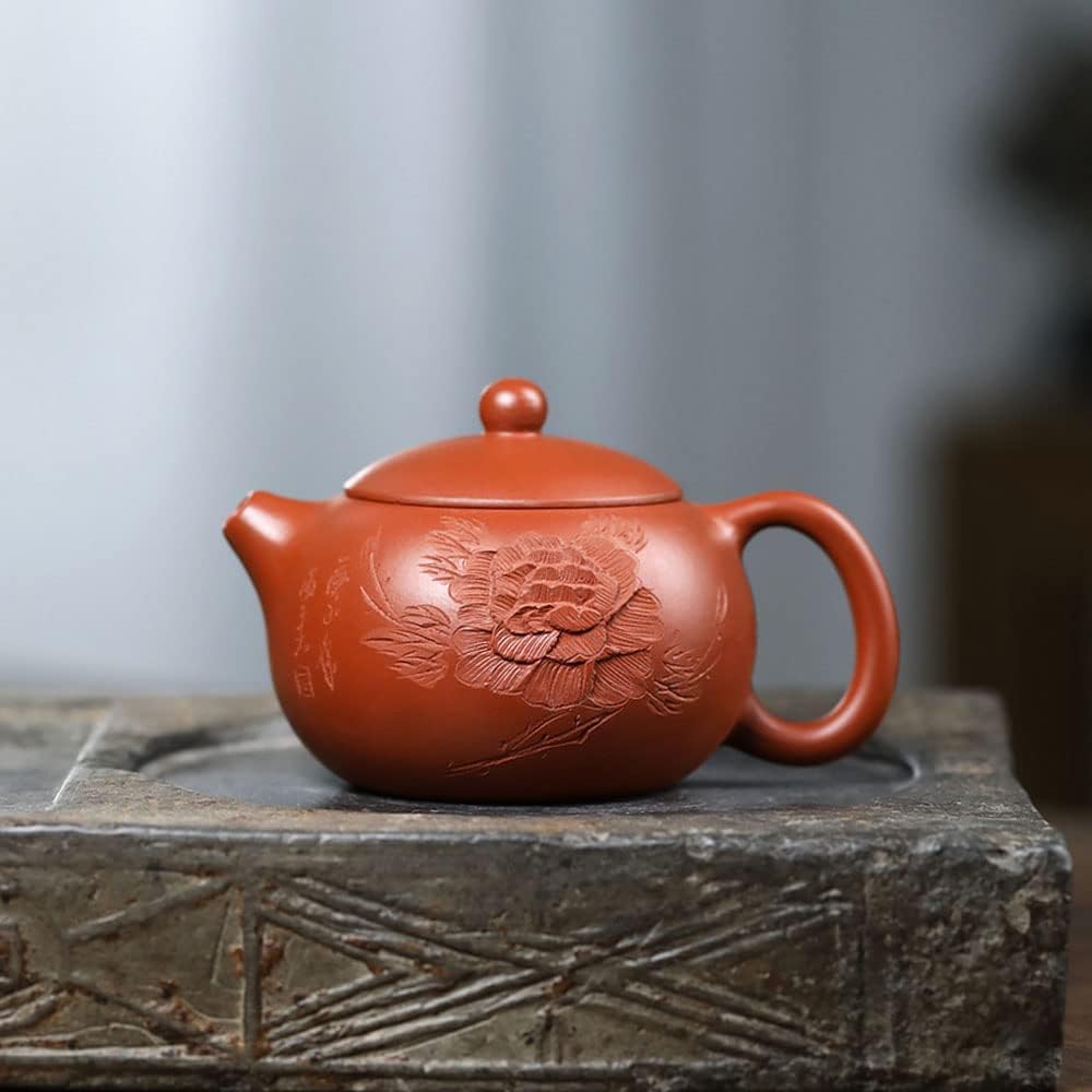 Genuine Yixing Purple Clay Carved Peony Xi Shi Teapot, Handmade Red Clay Zhu Ni Zisha Teapot, 220 ml (7.5 oz), Made By Master Wang Guo Wang (王国望)