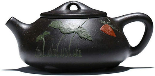 Teapot 7.4Oz Chinese Yixing Zisha Clay Pottery Handmade Shipiao Tea Pot Black Mud Heijingang Kungfu Kettle Spherical Filter (Color painting louts)