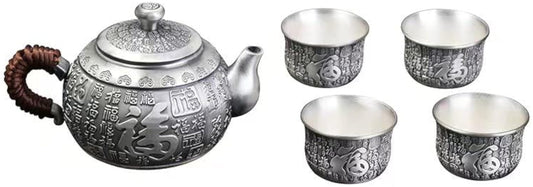 YBOS Chinese Kung Fu Tea Set Hundred Fortunes Silver Pot Handmade Silver Tea Set 999 Foot Silver Home Teacups Silver Teapot Cup
