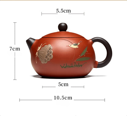 Teapot 210ml （7.10 Oz）Genuine Yixing Zisha Clay Tea Pot Handmade Da Hong Pao Zisha Teapot Lotus （flower Bird）