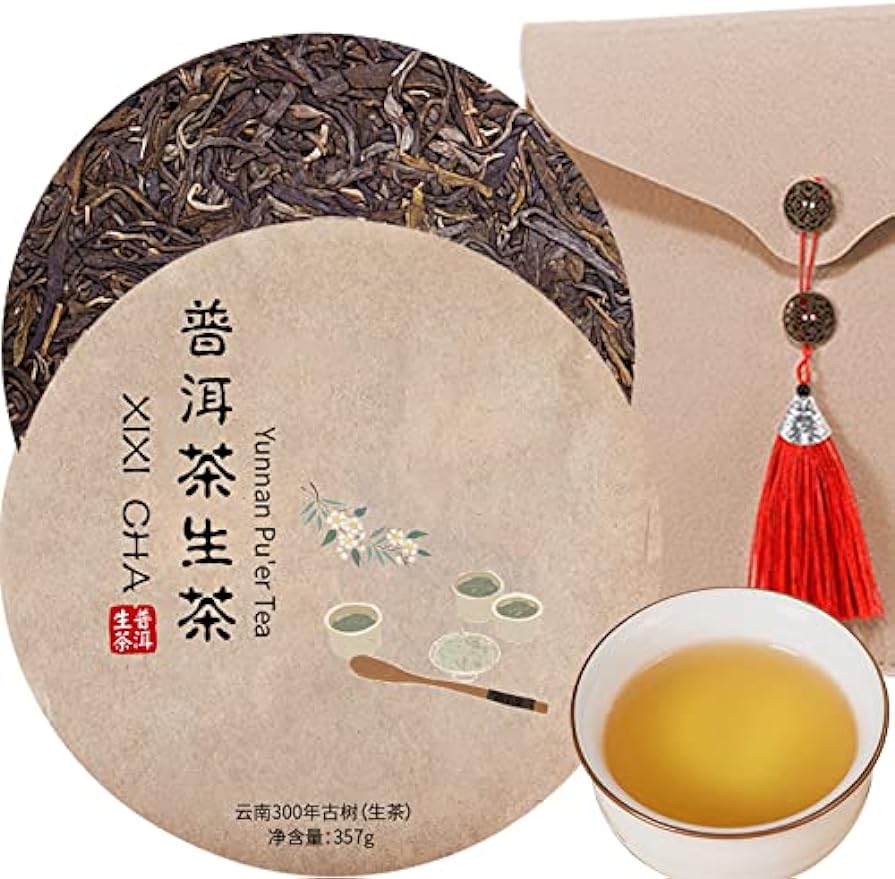 XIXICHA Puerh Tea Cake Classic Raw Pu erh Tea Cake Aged Fermented Pu-erh Tea Cake Black Tea For Daily Drink And Gift Yunnan 2017 Year Raw Pu'er Tea Cake 357g/12.6oz 普洱茶 生茶 云南经典普洱茶