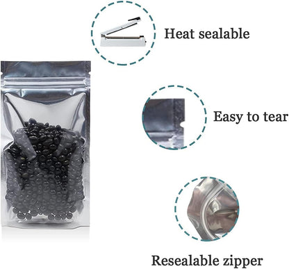 FERENLI 100 Pieces Stand Up Clear Front Zipper Lock Resealable Aluminum Mylar Foil Plastic Packaging Bag for Zip Heat Seal Package Lock with Tear Notch Long Term Food Storage 3.5x5.5 inch