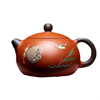 Teapot 210ml （7.10 Oz）Genuine Yixing Zisha Clay Tea Pot Handmade Da Hong Pao Zisha Teapot Lotus （flower Bird）