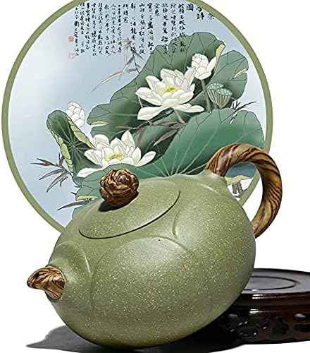 SILINE Zisha Hu - Lotus 11.3oz,Genuine Yixing Cyan Clay Teapot with 2 Cups, Chinese Craftswomen Handmade Infuse Brew Kung Fu Tea Pot Set