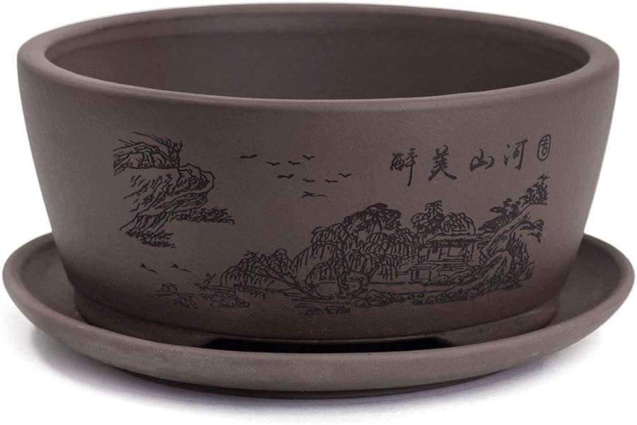 Dahlia 5.3" Beautiful Land Zisha Bonsai Planter/Succulent Pot/Flower Pot w. Saucer, Dark Brown