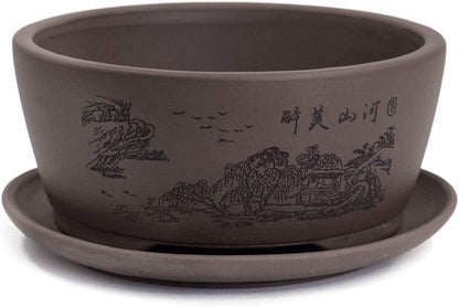 Dahlia 5.3" Beautiful Land Zisha Bonsai Planter/Succulent Pot/Flower Pot w. Saucer, Dark Brown