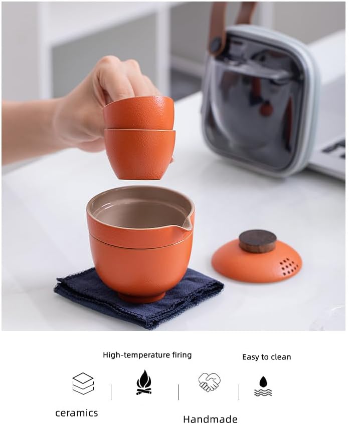 Rikyo Handmade Ceramic Asian Tea Set,Kungfu Tea Sets, Portable Sake Cup for Adult,1 Pot 3 Cups Porcelain Teacups with Tea Infuser Bag for Outdoor and Tea Maker (3.4oz / 100 ml) (Black)