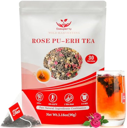 Essuperty- Rose Pu 'er Tea, Rose Puerh Tea Bags, Eco-Conscious Tea Bags, Caffeinated, All Natural Ingredients