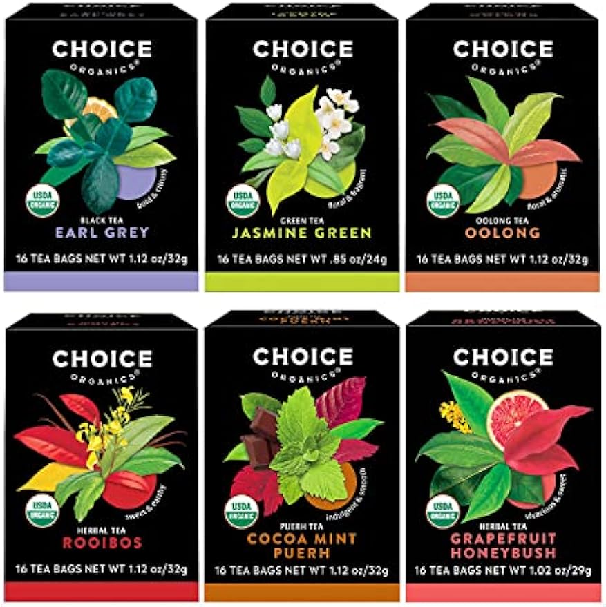 Choice Organics - Favorites Variety Pack Sampler (6 Pack) - Includes Earl Grey, Jasmine Green, Oolong, Rooibos, Cocoa Mint Puerh, and Grapefruit Honeybush Organic Teas - 96 Tea Bags