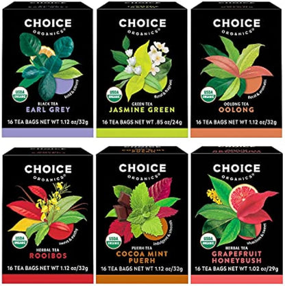 Choice Organics - Favorites Variety Pack Sampler (6 Pack) - Includes Earl Grey, Jasmine Green, Oolong, Rooibos, Cocoa Mint Puerh, and Grapefruit Honeybush Organic Teas - 96 Tea Bags