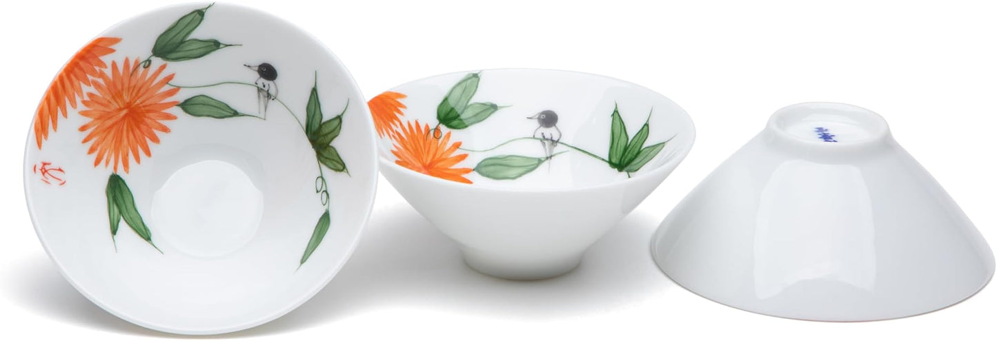 SILINE Jingdezhen White Porcelain Teacup Set,3 PCS Wide-brimmed Small Cups,Hand-painted Chinese Gongfu Tea Cups (Chrysanthemum)
