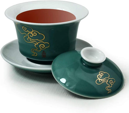 Porcelain Gaiwan 5oz /150ml Teacup White Glazed Classical Chinese Auspicious Clouds Tea Cup Tureen Sancai Cover Bowl Lid Cup Saucer Set (Green)