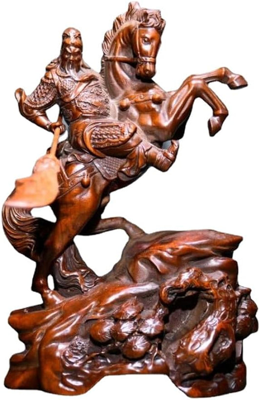 LimpaC Collection Boxwood Riding Horse Guan Gong Yu Warrior God Statues Handmade Meditating Sculpture Figurine Decorative Home Decor Handcrafted
