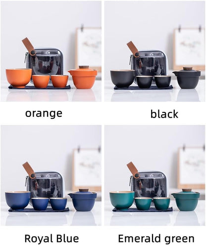 Rikyo Handmade Ceramic Asian Tea Set,Kungfu Tea Sets, Portable Sake Cup for Adult,1 Pot 3 Cups Porcelain Teacups with Tea Infuser Bag for Outdoor and Tea Maker (3.4oz / 100 ml) (Black)