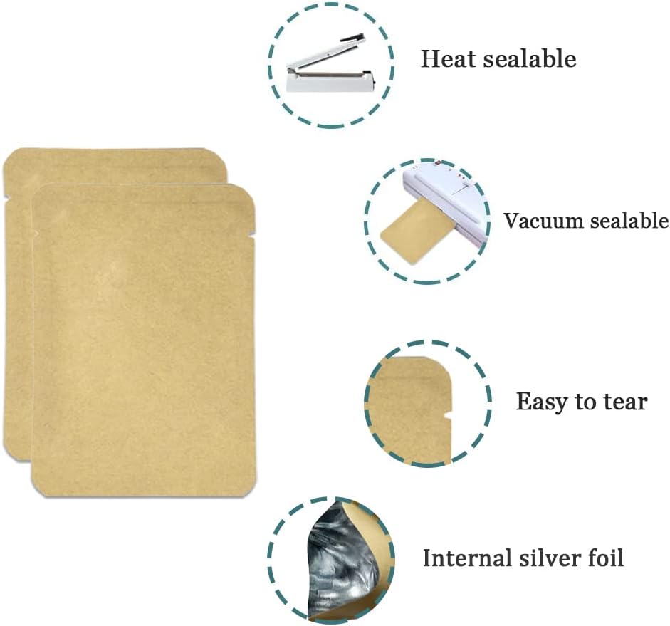 FERENLI 100 Pieces 2.3x3.5 inch (Usable Size 1.7x3.1 inch) Kraft Paper Open Top Vacuum Sealable Bags Mylar Foil Heat Seal Pouches for Sample Food Storage Packaging with Tear Notches