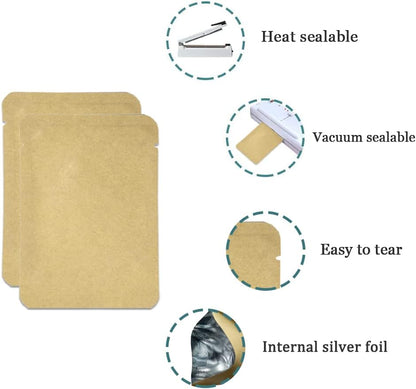 FERENLI 100 Pieces 2.3x3.5 inch (Usable Size 1.7x3.1 inch) Kraft Paper Open Top Vacuum Sealable Bags Mylar Foil Heat Seal Pouches for Sample Food Storage Packaging with Tear Notches