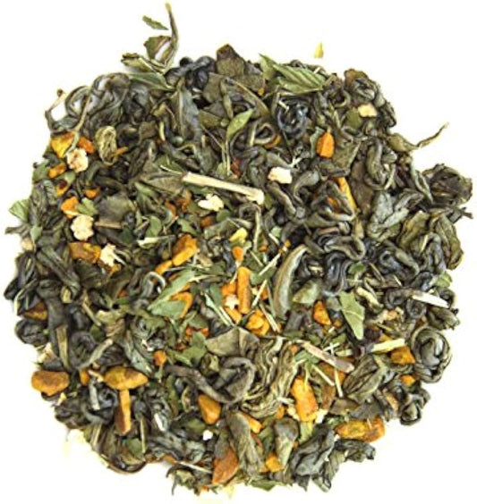 Grindstone, Organic Turmeric Green Tea, Whole leaf Ceylon Green Tea with Turmeric root, Indian Gooseberry, Lemongrass, PET Kilner Jar with latch, 2 oz Each container, Pack of 2