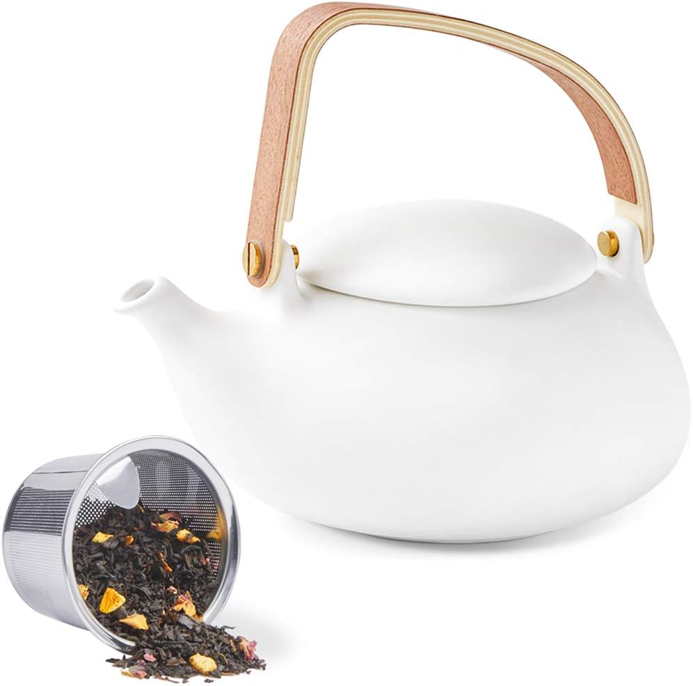 ZENS Ceramic Teapot with Infuser, Bentwood Handle Loose Leaf Japanese Tea Set, 27 Ounce Matte White Tea Pot with 4 Cups & Rattan Coasters for Women Gift