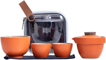 Rikyo Handmade Ceramic Asian Tea Set,Kungfu Tea Sets, Portable Sake Cup for Adult,1 Pot 3 Cups Porcelain Teacups with Tea Infuser Bag for Outdoor and Tea Maker (3.4oz / 100 ml) (Black)