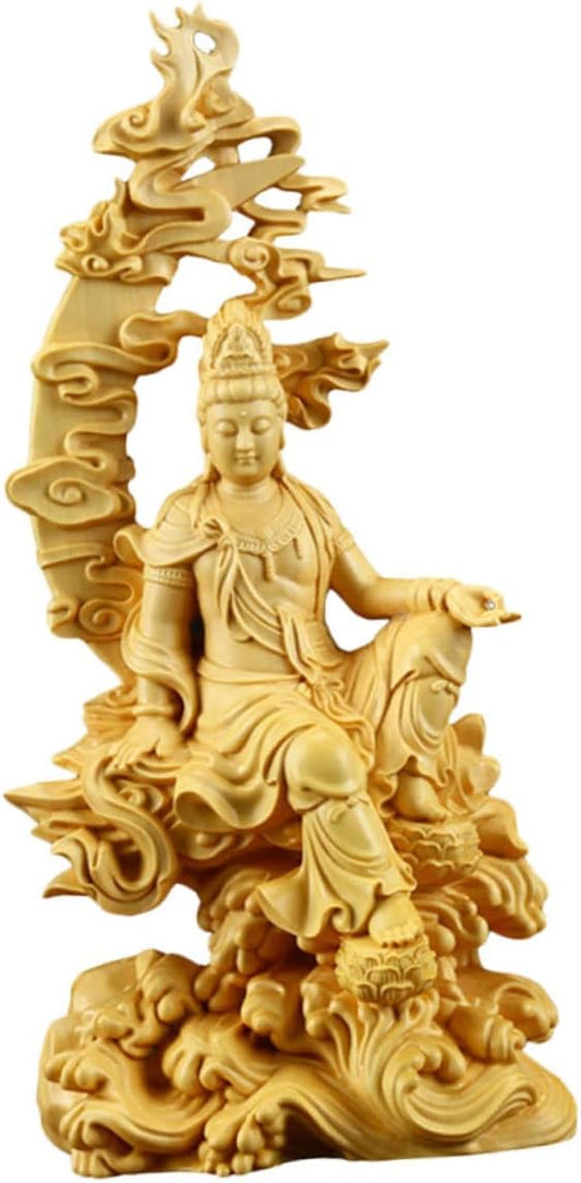 VOSAREA Wooden Guanyin Quan Statue Small Asian Decor Goddess Chinese Lucky Statue Buddhist Figurine Guanyin Buddha Sculpture Female Buddha Sculpture Kwan Statue Car Gifts Altar Solid Wood