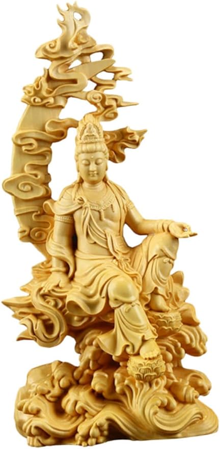 VOSAREA Wooden Guanyin Quan Statue Small Asian Decor Goddess Chinese Lucky Statue Buddhist Figurine Guanyin Buddha Sculpture Female Buddha Sculpture Kwan Statue Car Gifts Altar Solid Wood