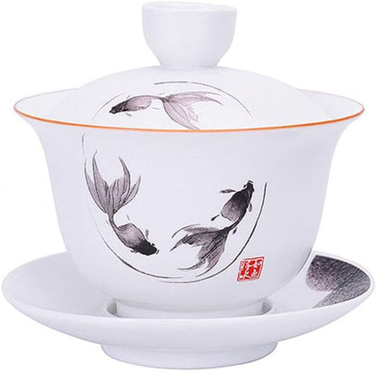 Porcelain Teapot Gaiwan with 4 cups Set，Chinese Feng Shui Ink Painting Fish Gongfu Tea Set