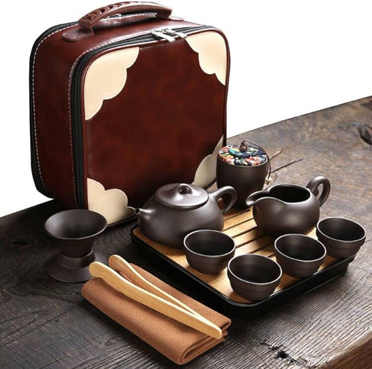 Portable Travel Tea Set Chinese Kung Fu Zisha Teapot Set 12PACK Handmade Tea Pot Cups with Tray Infuser, Purple Clay Teapot,Teacups,Tea Canister Towel in Elegant Gift Bag for Outdoor Home Business