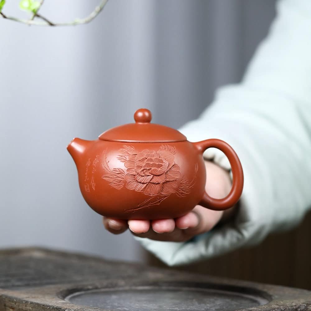 Genuine Yixing Purple Clay Carved Peony Xi Shi Teapot, Handmade Red Clay Zhu Ni Zisha Teapot, 220 ml (7.5 oz), Made By Master Wang Guo Wang (王国望)