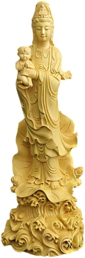 QQYDZSW Statue Stunning Home Garden Ornament Sculpture Decoration for Yard and Garden Boxwood Wood Carving Ornaments to Send The Child Guanyin Buddha Statue Crafts Hand-Made Ornaments