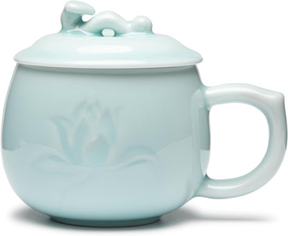 SILINE Longquan Celadon Tea Cup with Lid 11.8 oz/350ml,Green Porcelain Coffee Mug Teacup Lucky Gift -Classic Cyan