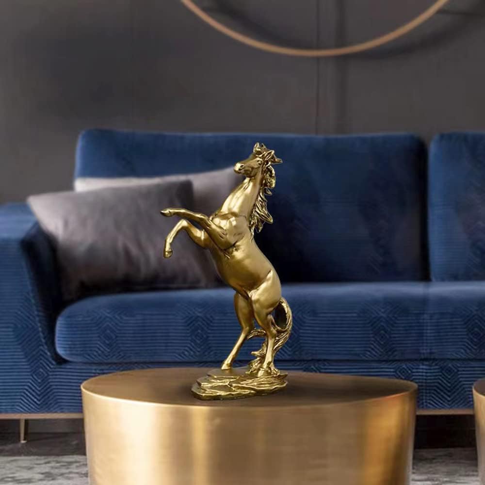 Gold Horse Statue Figurines - Resin Standing Fighting Horse Sculpture Home Office Decoration Tabletop Decor Ornaments