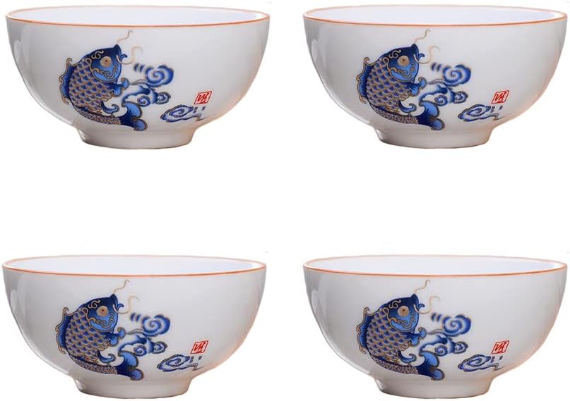 Liang baobao Chinese Tea Tasting Cup Set of 4, 2oz White Porcelain Mini Cups for Gongfu Tea Ceremony (Fish jump)