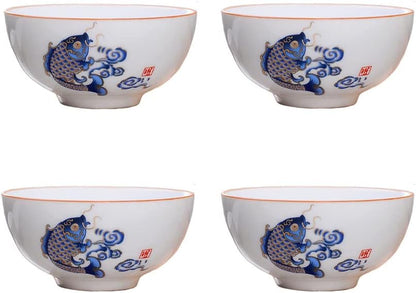 Liang baobao Chinese Tea Tasting Cup Set of 4, 2oz White Porcelain Mini Cups for Gongfu Tea Ceremony (Fish jump)