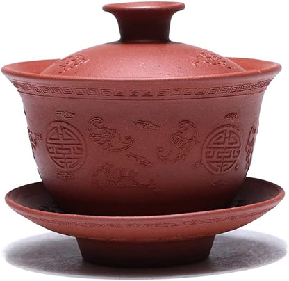 SILINE Yixing Zisha Purple Clay Gaiwan,Chinese Kungfu Tea Bowl Cup,Blooming and Loose Leaf Tea Maker Set,4 oz (Zhufu,Red Clay)