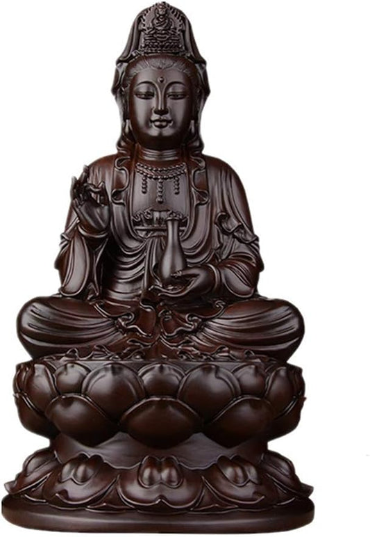 Tonpop Family Garden Decoration Ornament Statue Sculpture Creative Abstract Feng Shui Guanyin Statue Retro Ebony Crafts Handmade Wood Carving Lotus Guanyin Statue Decoration, for Your Living Room O