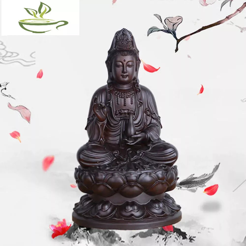 6inch Wooden Guanyin Statue Safflower Solid Wood Black Sandalwood Wooden Buddha Statue Home Feng Shui Decoration
