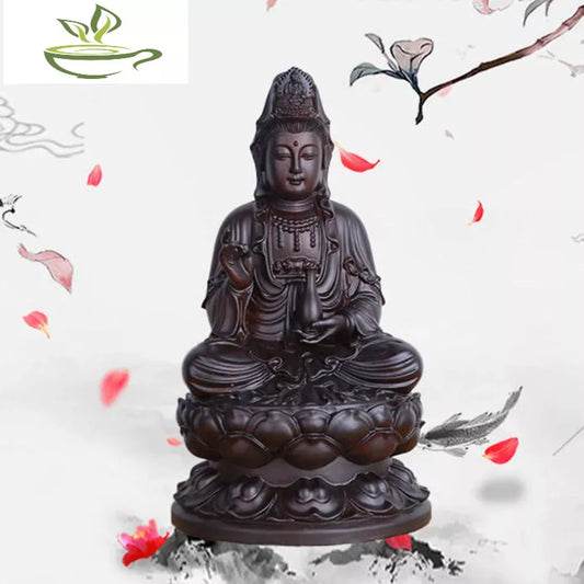 6inch Wooden Guanyin Statue Safflower Solid Wood Black Sandalwood Wooden Buddha Statue Home Feng Shui Decoration