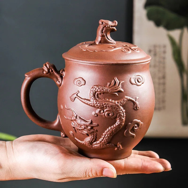 550ml Antique Purple Clay Tea Cup Master Tea Infuser Large Capacity Teacup with Lid Chinese Dragon Pattern Cup Tea Supplies