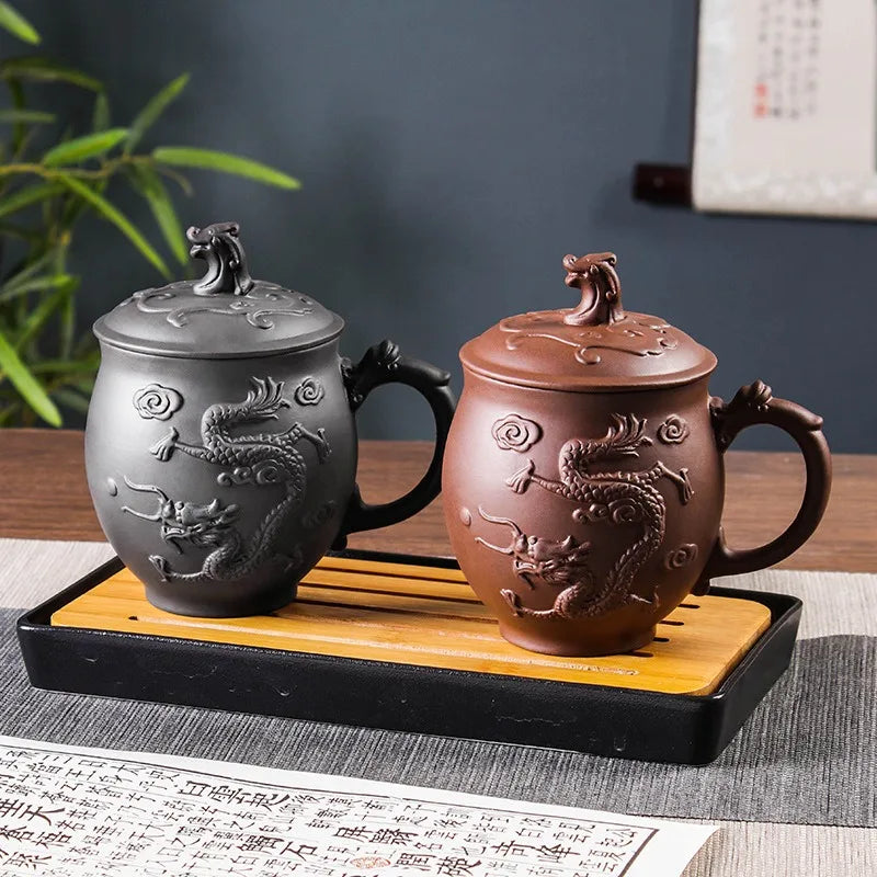 550ml Antique Purple Clay Tea Cup Master Tea Infuser Large Capacity Teacup with Lid Chinese Dragon Pattern Cup Tea Supplies