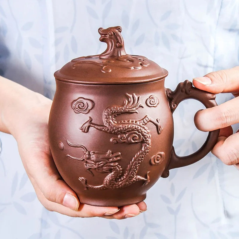 550ml Antique Purple Clay Tea Cup Master Tea Infuser Large Capacity Teacup with Lid Chinese Dragon Pattern Cup Tea Supplies