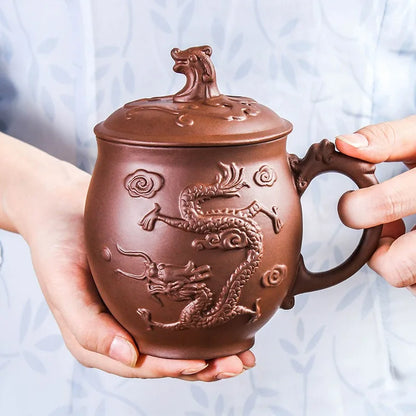 550ml Antique Purple Clay Tea Cup Master Tea Infuser Large Capacity Teacup with Lid Chinese Dragon Pattern Cup Tea Supplies