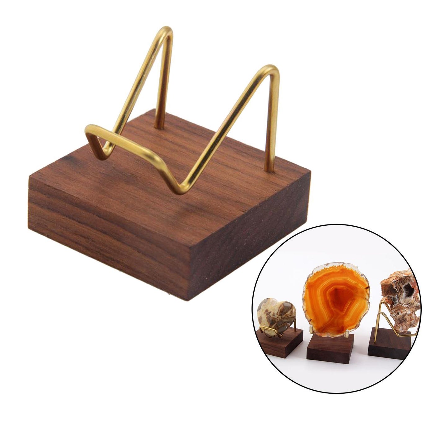 Metal Arm Wooden Display Stand Rack for Gemstone Mineral Home Decoration